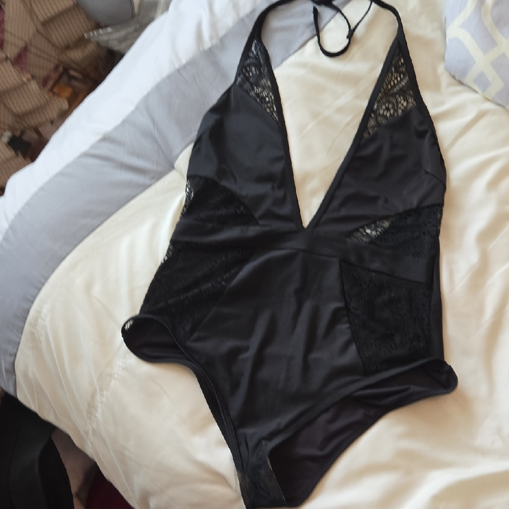 Peek & Beau Black Halter Lace Swimsuit Size 12